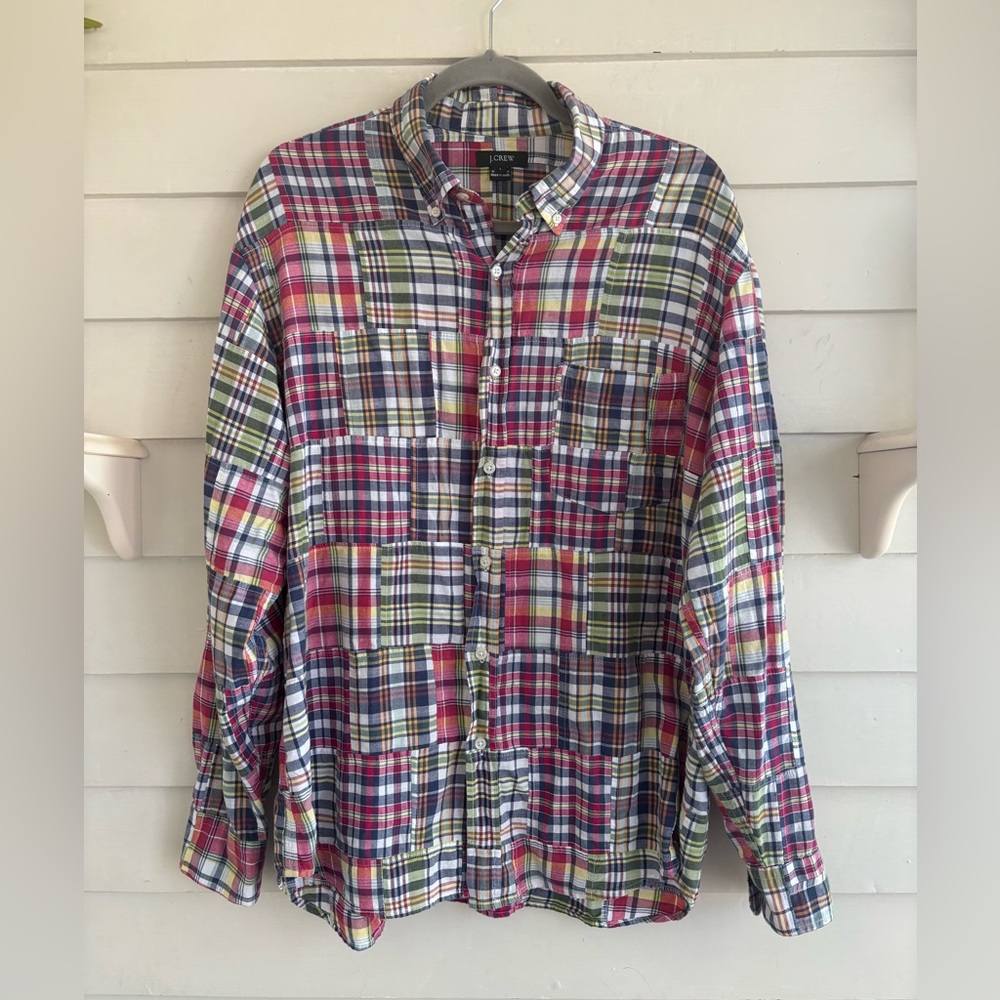 J. Crew Madras Patchwork Plaid Multicolor Long Sl… - image 1